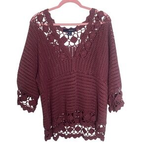 Denim 24/7 Crochet Tunic Womens L Burgandy Chunky‎ Open Knit Layer Boho Top